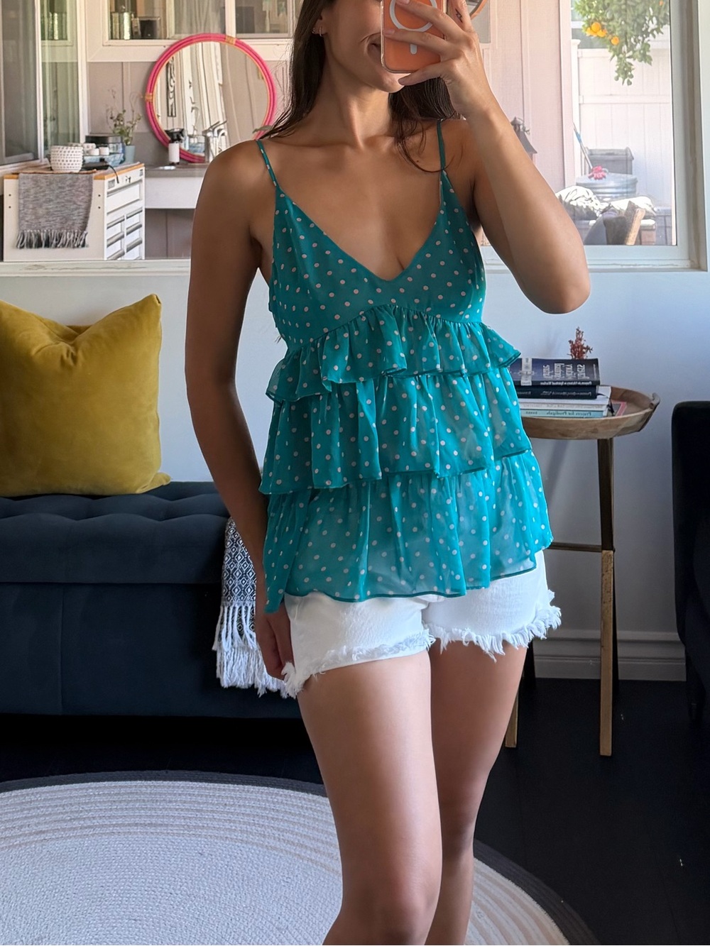 Vintage Teal Polka Dot Tiered Ruffle Tank